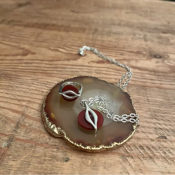 Vintage .925 Ring & Necklace set w/ Carnelian reminds me of Cartier *marked - Picture 2 of 13